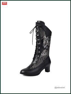 Victorian Gothic Mid-Calf Boots Faux Leather Lace Fishnet Chunky Heel Cosplay